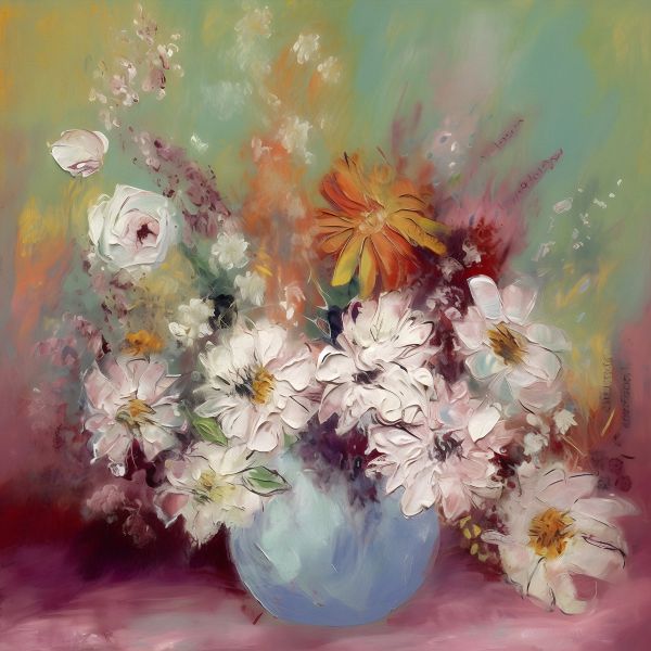  Elegance in Bloom: Blue Vase & White Flowers - Art Print on Canvas. Artemyst