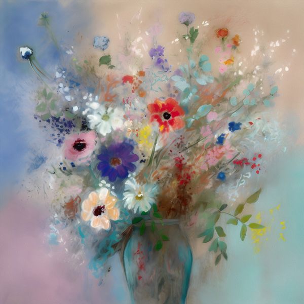  Radiant Blooms: Bouquet in a Blue Vase - Art Print on Canvas. Artemyst