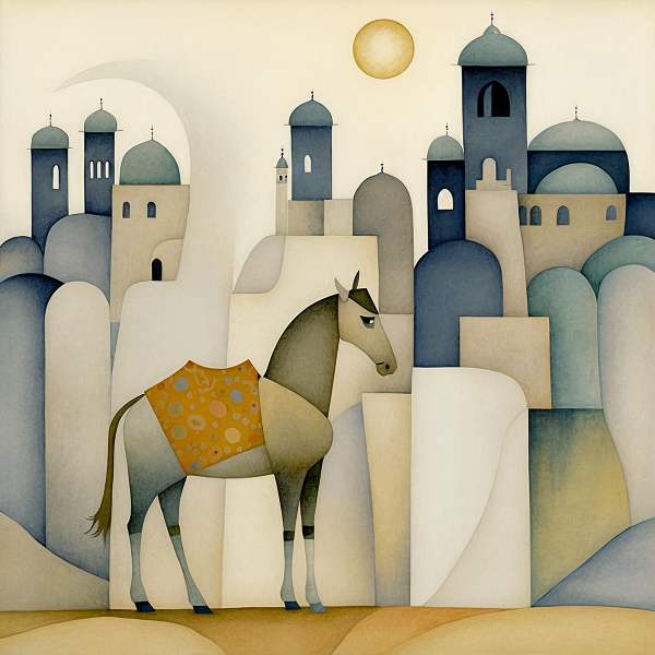  Desert Domes: Regal Arabian Palace Cluster with Majestic Horse - Art Print on Fine Art Paper ARTEMYST