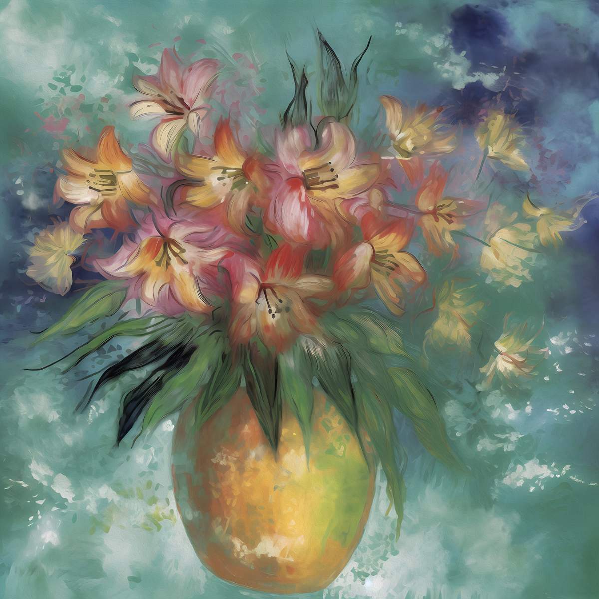  Radiant Blooms: 'Pink And Yellow Bouquet' Art Collection - Art Print on Canvas. Artemyst