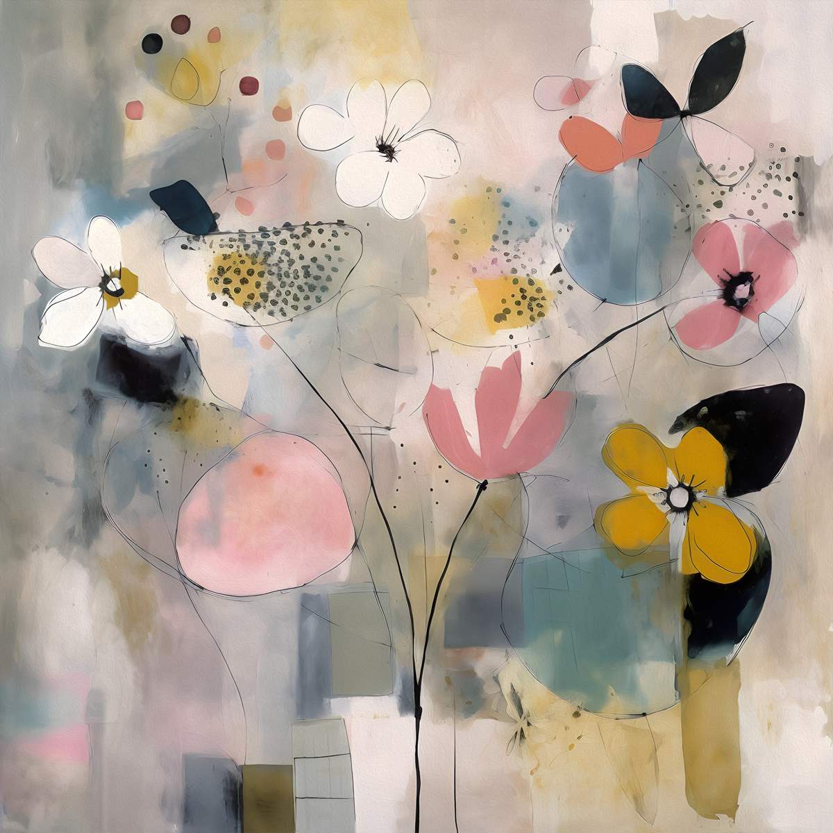  Romantic Blooms: 'Pink, White, and Yellow Flowers' Art Collection - Art Print on Canvas. Artemyst
