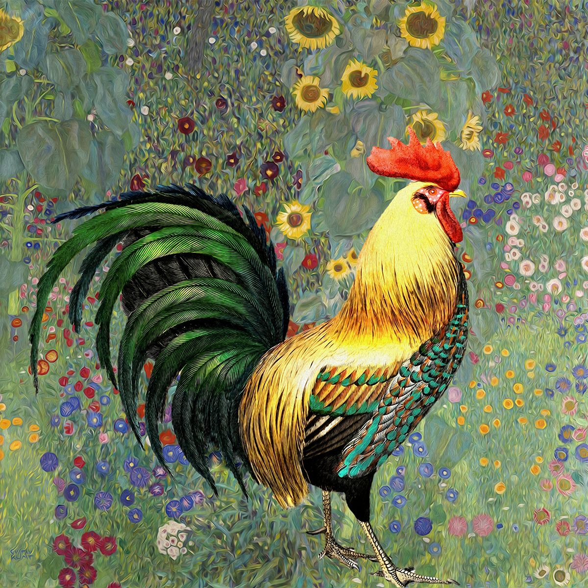  Floral Elegance: Rooster in the Garden Print on Paper 