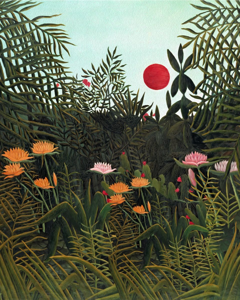virgin Forest with Sunset: Rousseau's Naïve Oasis - Art Print on Paper. ARTEMYST