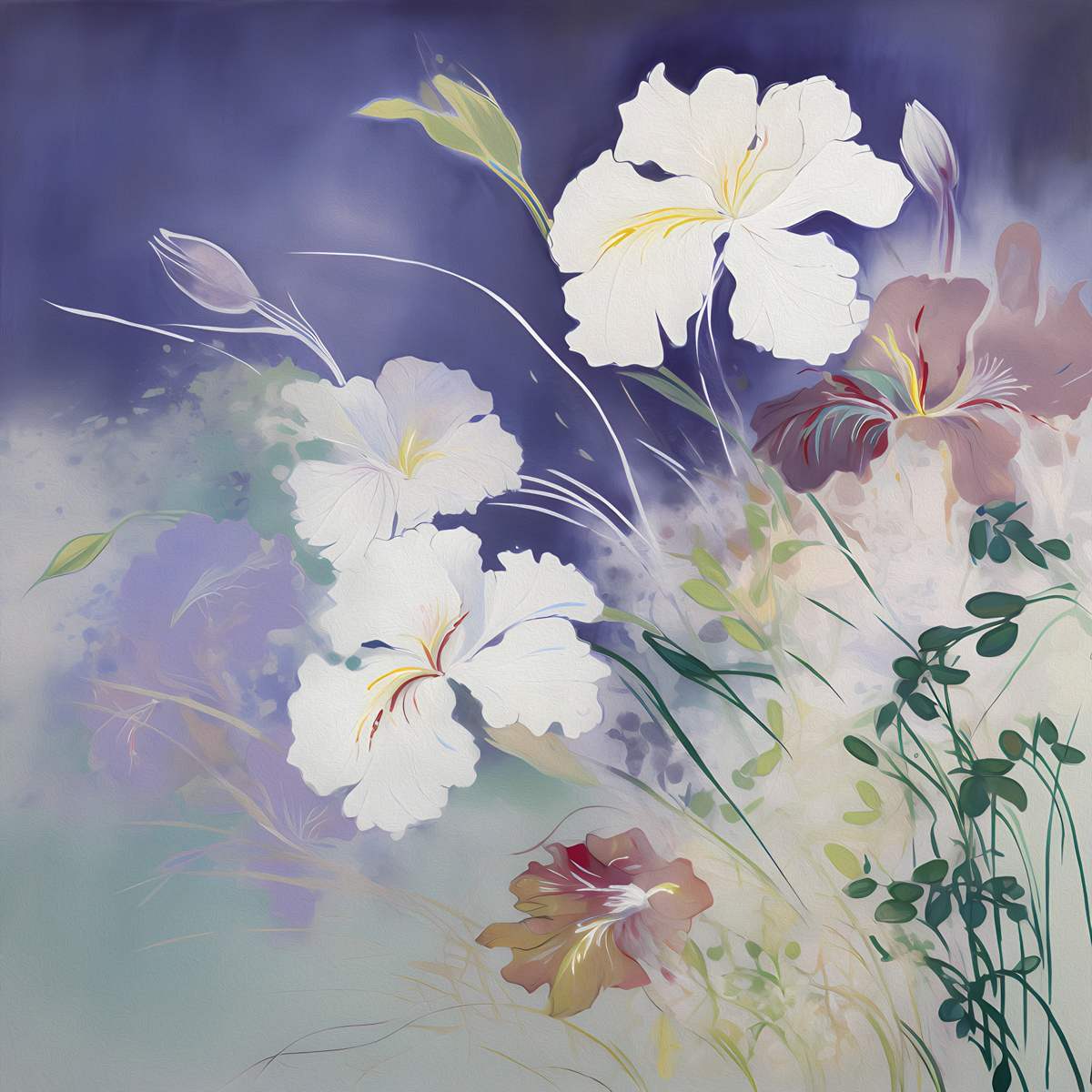  Graceful Whispers: 'White Flowers In The Wind' Art Collection - Art Print on Canvas. Artemyst