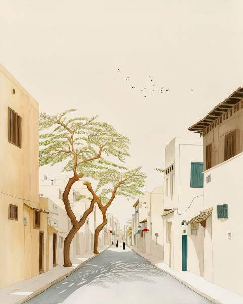 A Quiet Street in Dubai: Tranquil Old Dubai Scene Art Print on Paper ARTEMYST