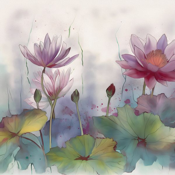  Springtime Elegance: 'Lotuses In Springtime' Art Collection - Art Print on Canvas. Artemyst